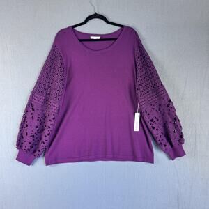 Chicos Sweater Womens XXL Purple Sweet Berry Eyelet Lace Balloon Sleeve Pullover
